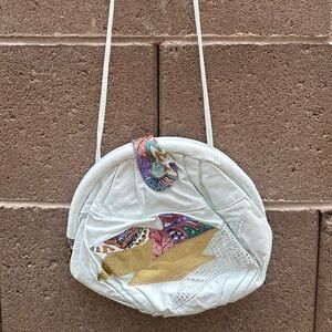 1980's Vintage White Genuine Leather Patchwork Shoulder Purse - Medium Size